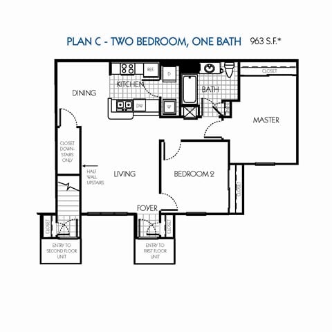 Floor plan for 2 beds, 1 bath, 963 sqft